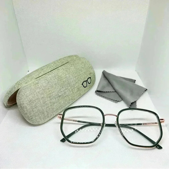 Rose Gold and Green Frame Blue Light Blocking Optical Glasses with Hard Case - Picture 1 of 5